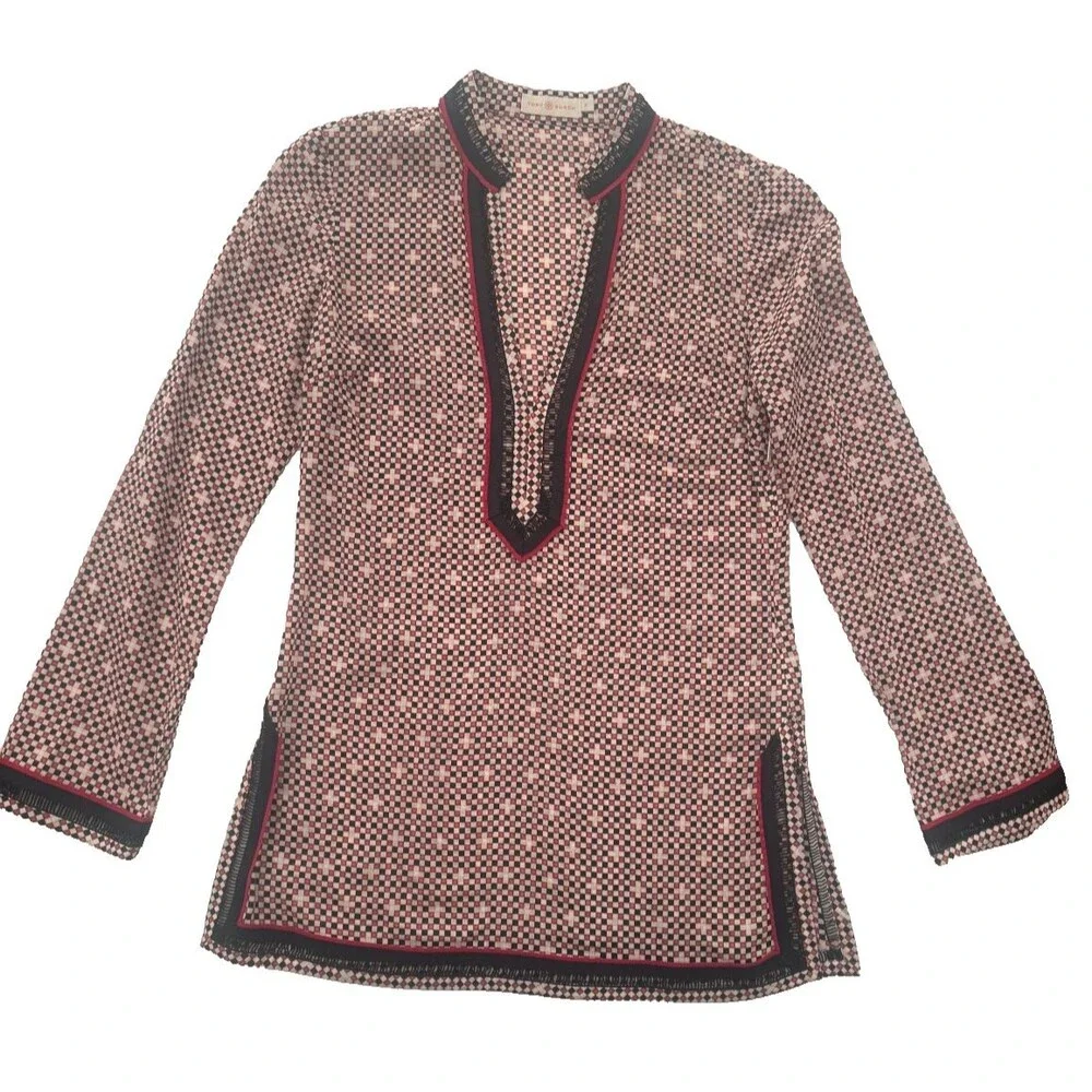 Tory Burch Patterned Tunic Long Sleeve Shirt Blouse Top Size 0 Designer Classic